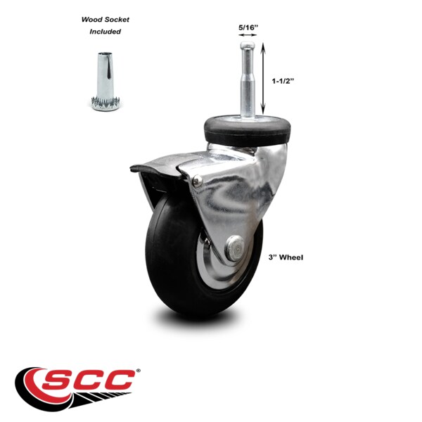 Service Caster 3 Inch Chrome Hooded Neoprene Rubber 5/16 Inch Grip Ring Stem Caster with Brake SCC-GN03S310-NPRB-BC-B - main